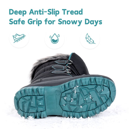 NIPAXO Kids Winter Snow Boots Black and Teal Colorblock Bungee Lacing Waterproof Outdoor Shoes for Boys Girls