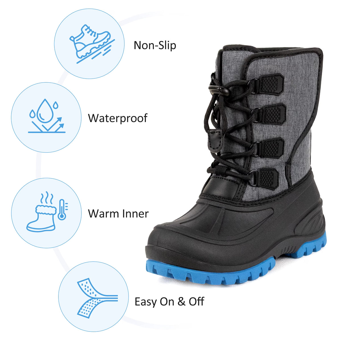 NIPAXO Kids Snow Boots Waterproof Winter Boots Grey and Black Blue Outsole Bungee Lacing Outdoor Cold Weather Shoes for Boys Girls