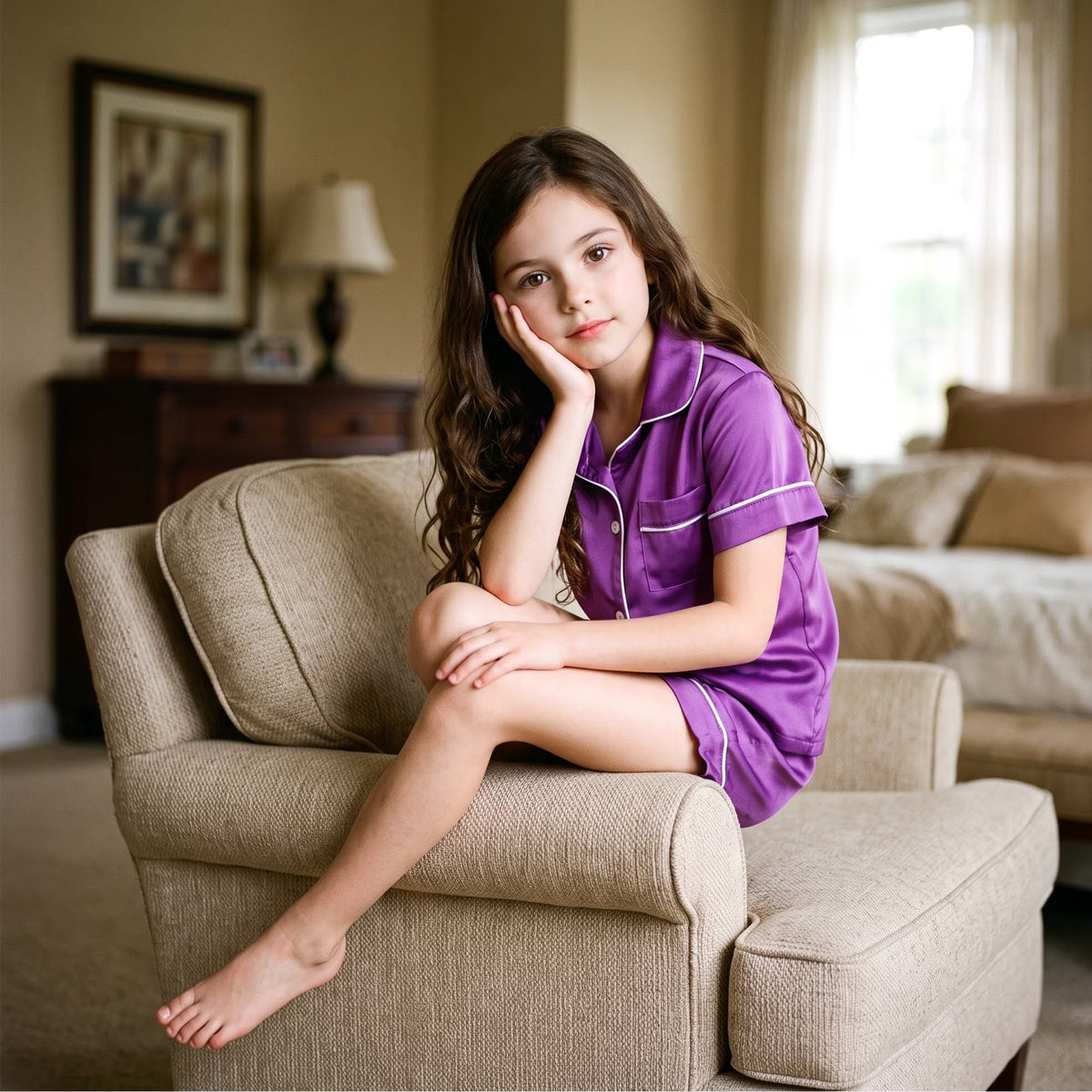 NIPAXO Girls Pajamas Set Short Sleeve Button-Down Solid Purple Piping Shorts Sleepwear Satin for Kids