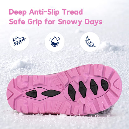 NIPAXO Girls Snow Boots Waterproof Winter Boots Hot Pink and Black Faux Fur Pom-Pom Collar Bungee Lacing Outdoor Winter Boots for Kids