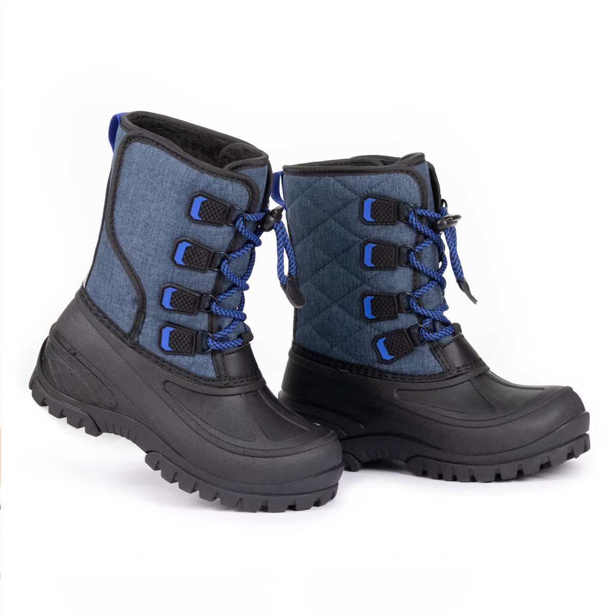 NIPAXO Kids Snow Boots Waterproof Winter Boots Blue Textured Fabric Upper Bungee Lacing Slip Resistant Outdoor Winter Boots for Boys Girls