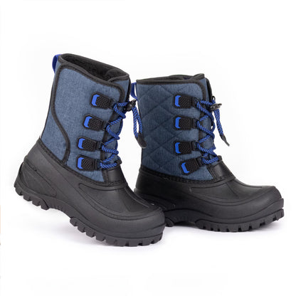 NIPAXO Kids Snow Boots Waterproof Winter Boots Blue Textured Fabric Upper Bungee Lacing Slip Resistant Outdoor Winter Boots for Boys Girls