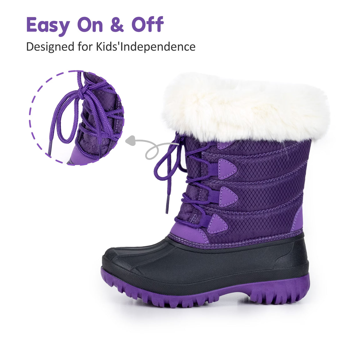 NIPAXO Kids Snow Boots Waterproof Purple and Black White Faux Fur Collar Classic Lace-Up Winter Boots for Boys Girls