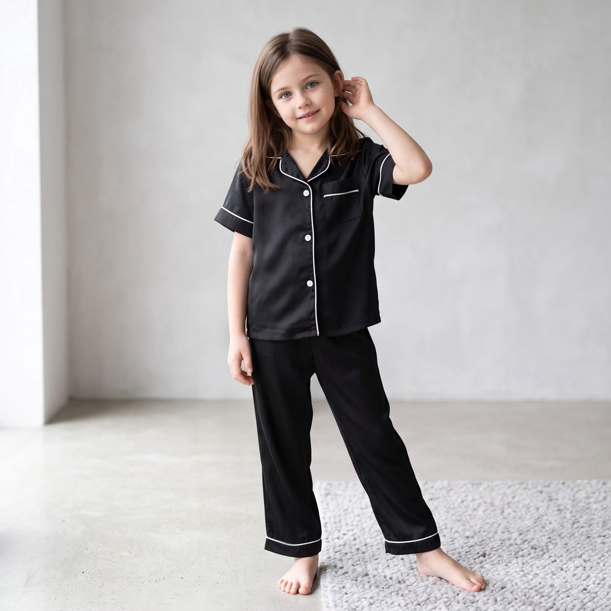 NIPAXO Girls Pajamas Set Short Sleeve Button-Down Solid Black Piping Long Pants Sleepwear Satin for Kids