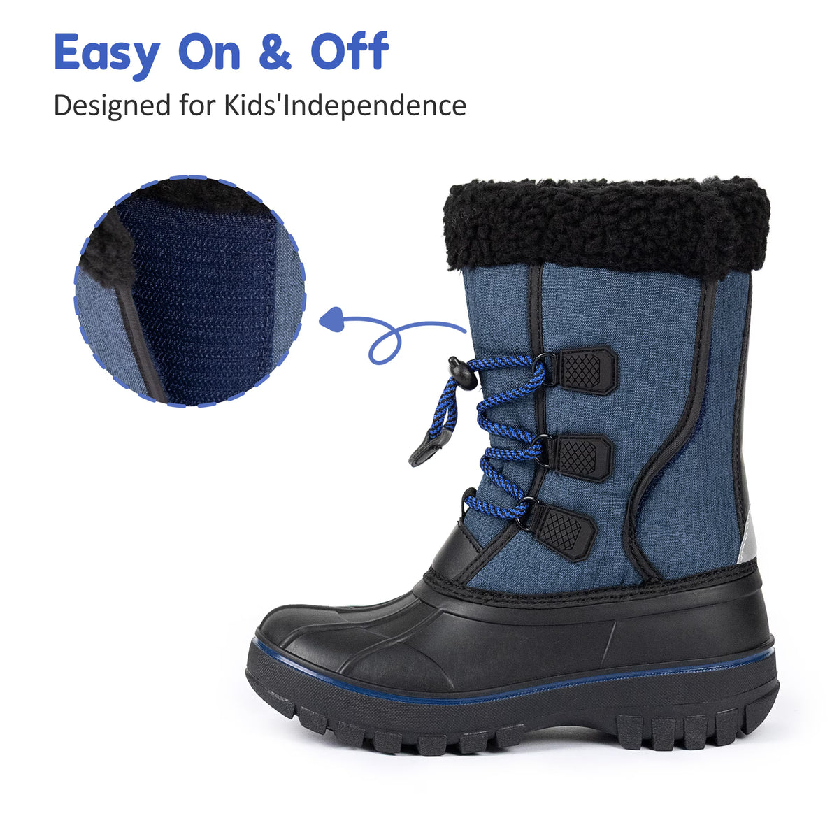 NIPAXO Kids Snow Boots Waterproof Winter Boots Blue Fabric Upper Faux Fur Cuff Slip Resistant Outdoor Winter Boots for Boys Girls