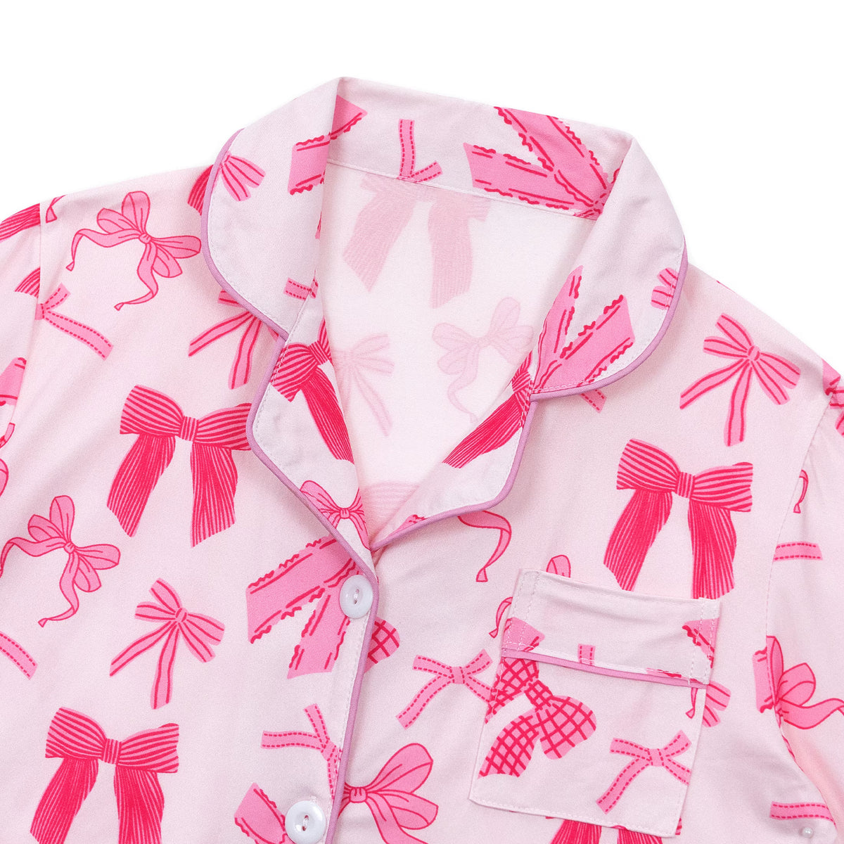 NIPAXO Girls Pajamas Set Long Sleeve Button-Down Top and Pants Silk Satin with Cute Pink Bows Print Sleepwear for Kids
