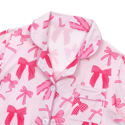 NIPAXO Girls Pajamas Set Long Sleeve Button-Down Top and Pants Silk Satin with Cute Pink Bows Print Sleepwear for Kids