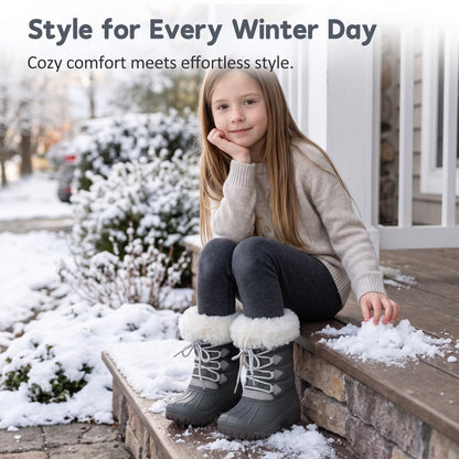 NIPAXO Kids Snow Boots Waterproof Winter Boots Grey Rubber Shell White Faux Fur Collar Classic Lace-Up Winter Boots for Boys Girls