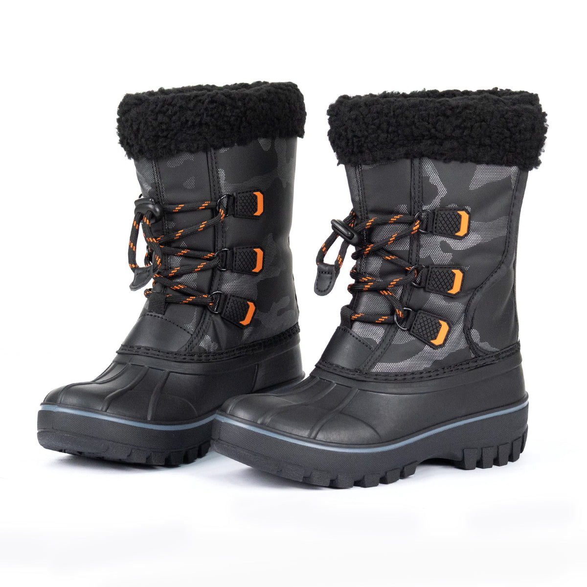 NIPAXO Kids Snow Boots Waterproof Winter Boots Black Camo Orange Accents Sherpa Collar Bungee Lacing Outdoor Cold Weather Winter Boots for Boys Girls