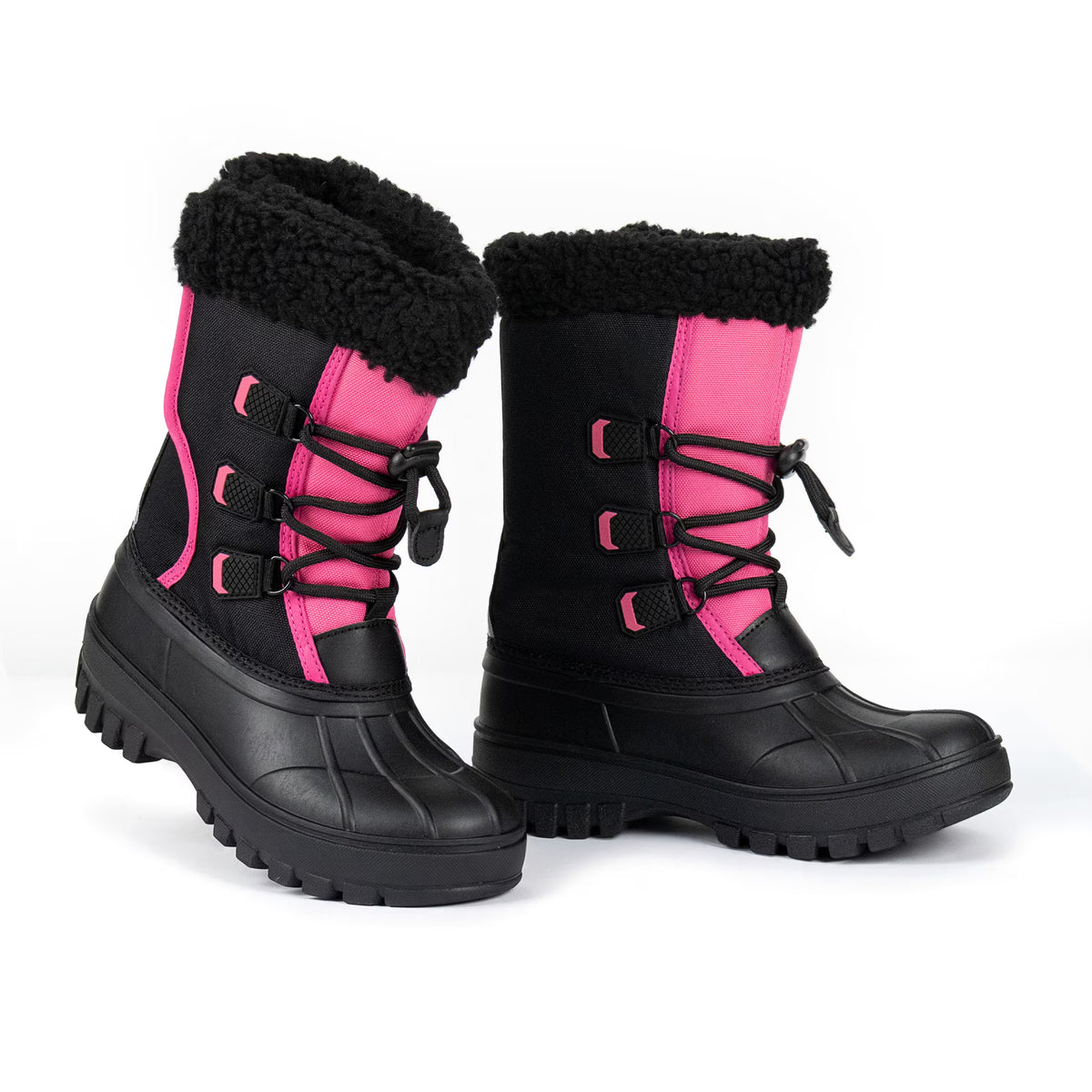NIPAXO Girls Snow Boots Waterproof Winter Boots Black and Hot Pink Colorblock Faux Fur Trim Outdoor Winter Boots for Kids