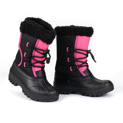 NIPAXO Girls Snow Boots Waterproof Winter Boots Black and Hot Pink Colorblock Faux Fur Trim Outdoor Winter Boots for Kids