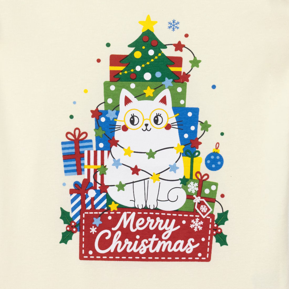 NIPAXO Kids Christmas Pajamas Set Long Sleeve Cute Cat & "Merry Christmas" Graphic Holiday Sleepwear with Star Print Pants for Boys and Girls