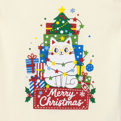NIPAXO Kids Christmas Pajamas Set Long Sleeve Cute Cat & "Merry Christmas" Graphic Holiday Sleepwear with Star Print Pants for Boys and Girls