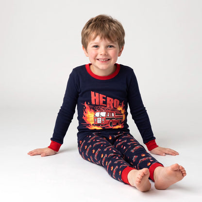 NIPAXO Toddler Boys Pajamas Set Long Sleeve "HERO" Fire Truck Graphic Thermal Firefighter Sleepwear with Red Cuffs
