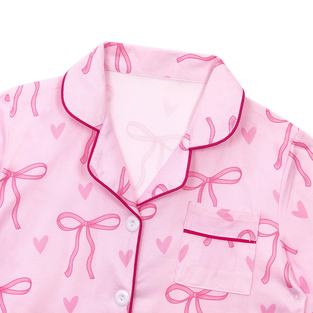 NIPAXO Girls Pajama Set Long Sleeve Button-Down Top and Pants Soft Satin Cute Pink Bows Hearts Print Loose Sleepwear