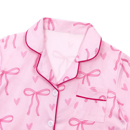 NIPAXO Girls Pajama Set Long Sleeve Button-Down Top and Pants Soft Satin Cute Pink Bows Hearts Print Loose Sleepwear