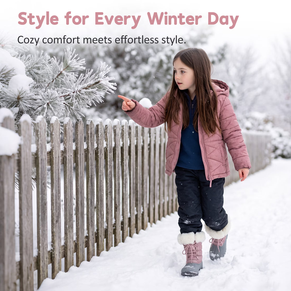 NIPAXO Girls Snow Boots Waterproof Dusty Pink and Grey White Faux Fur Collar Classic Lace-Up Winter Boots for Girls