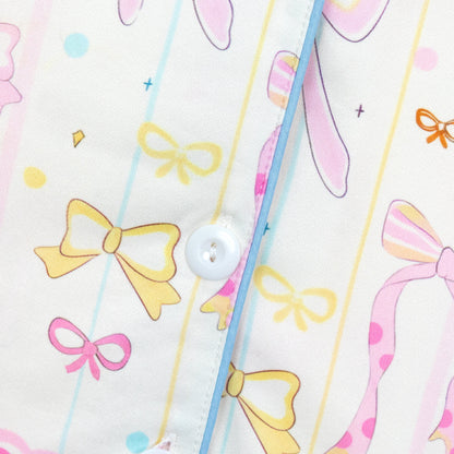 NIPAXO Girls Pajamas Set Long Sleeve Button-Down Cute Bow & Heart Print Sleepwear with Blue Piping for Toddler Little Girls