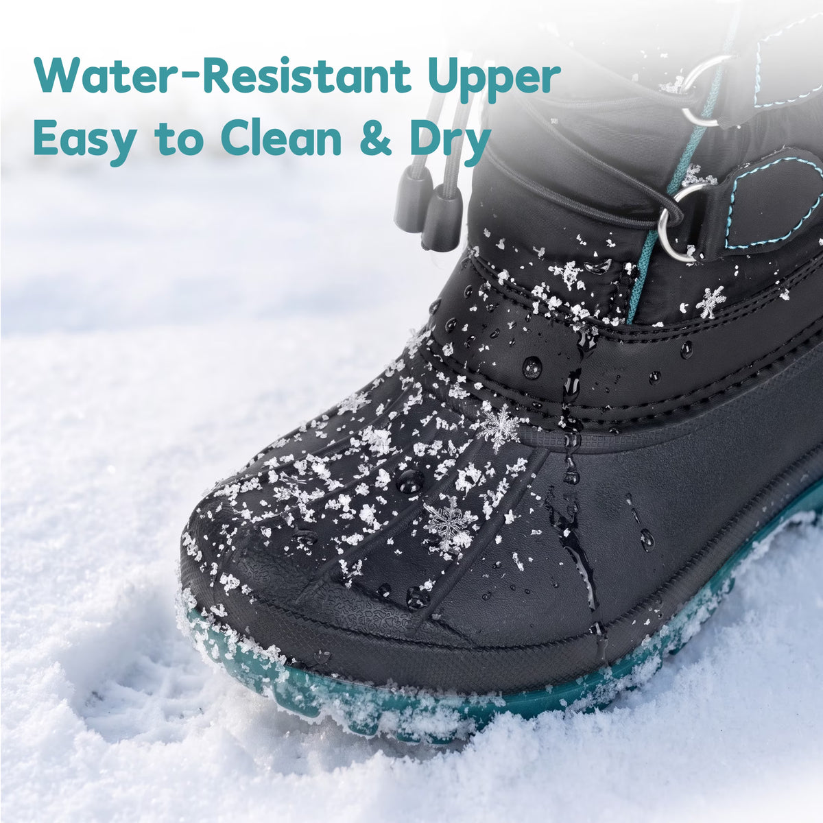 NIPAXO Kids Winter Snow Boots Black and Teal Colorblock Bungee Lacing Waterproof Outdoor Shoes for Boys Girls