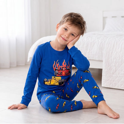 NIPAXO Toddler Boys Pajamas Set Long Sleeve Vibrant Blue F1 Race Car Graphic Thermal Sleepwear with Cuffs