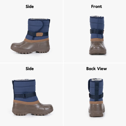 NIPAXO Kids Snow Boots Waterproof Winter Boots Blue and Brown Faux Fur Lined Hook and Loop Cold Weather Outdoor Shoes for Boys Girls