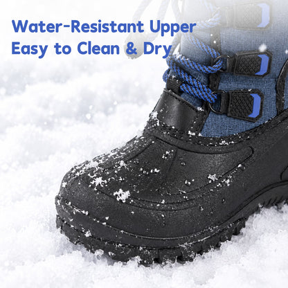 NIPAXO Kids Snow Boots Waterproof Winter Boots Blue Textured Fabric Upper Bungee Lacing Slip Resistant Outdoor Winter Boots for Boys Girls