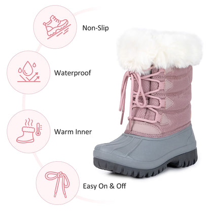 NIPAXO Girls Snow Boots Waterproof Dusty Pink and Grey White Faux Fur Collar Classic Lace-Up Winter Boots for Girls