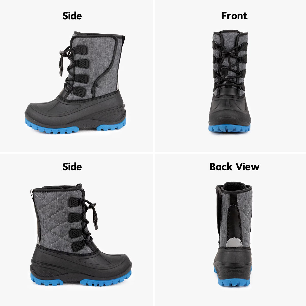 NIPAXO Kids Snow Boots Waterproof Winter Boots Grey and Black Blue Outsole Bungee Lacing Outdoor Cold Weather Shoes for Boys Girls