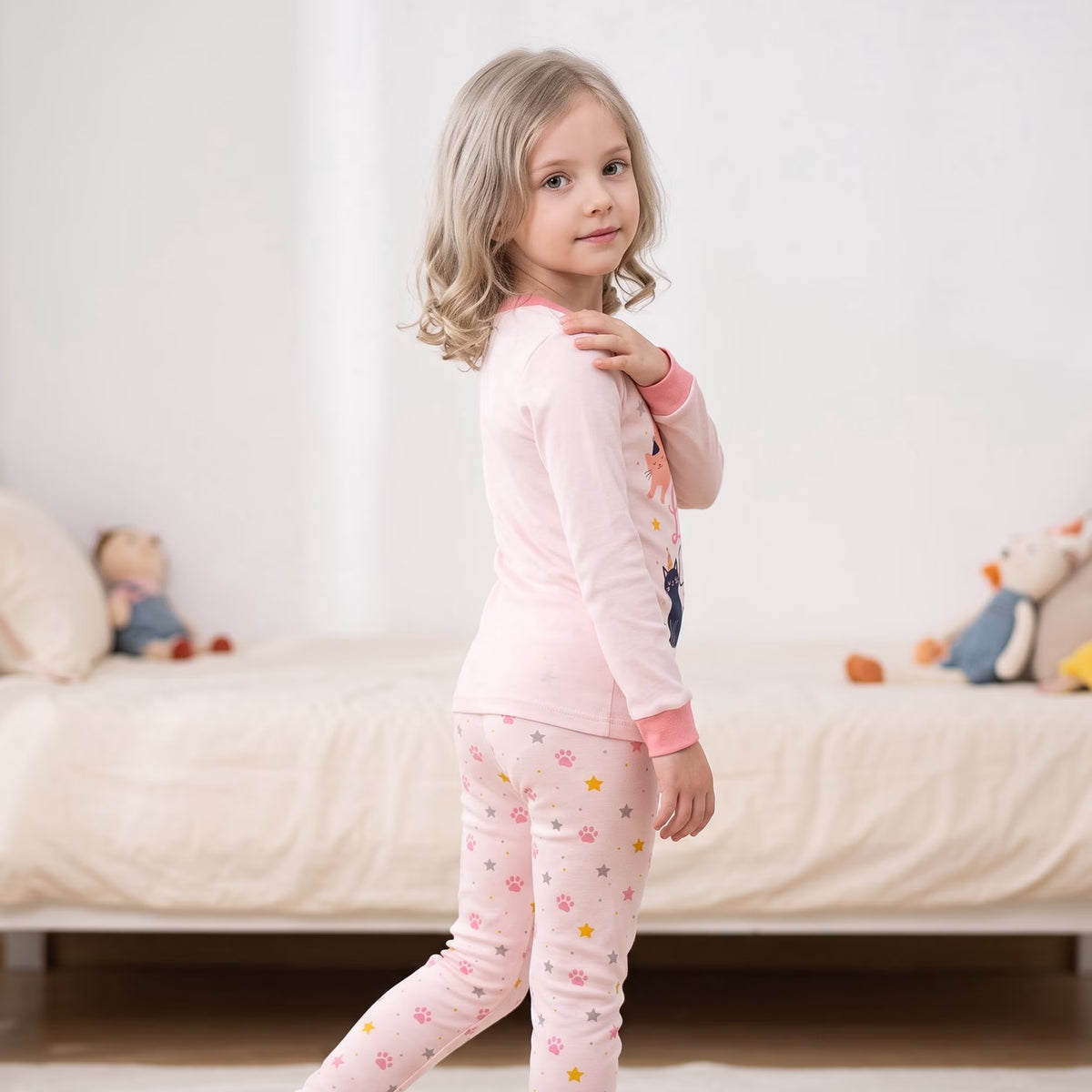 NIPAXO Girls Pajamas Set Long Sleeve "I Like Cats" Graphic Top and Paw Print Pants Sleepwear for Kids