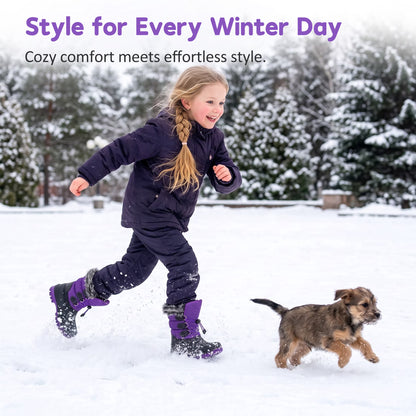 NIPAXO Kids Snow Boots Waterproof Winter Boots Purple and Black Faux Fur Cuff Bungee Lacing Cold Weather Outdoor Shoes for Boys Girls