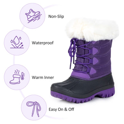NIPAXO Kids Snow Boots Waterproof Purple and Black White Faux Fur Collar Classic Lace-Up Winter Boots for Boys Girls
