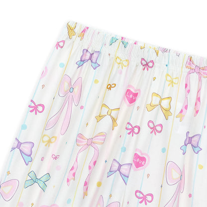 NIPAXO Girls Pajamas Set Long Sleeve Button-Down Cute Bow & Heart Print Sleepwear with Blue Piping for Toddler Little Girls