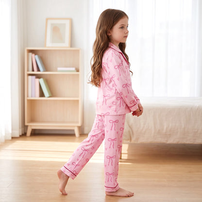 NIPAXO Girls Pajama Set Long Sleeve Button-Down Top and Pants Soft Satin Cute Pink Bows Hearts Print Loose Sleepwear