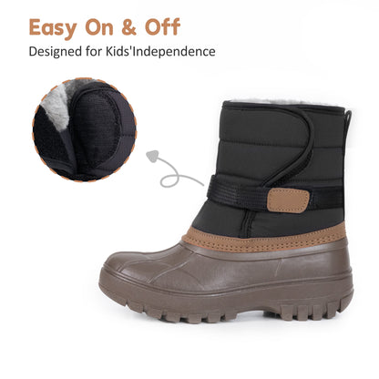 NIPAXO Kids Snow Boots Waterproof Winter Boots Brown and Black Faux Fur Lined Hook and Loop Cold Weather Outdoor Shoes for Boys Girls