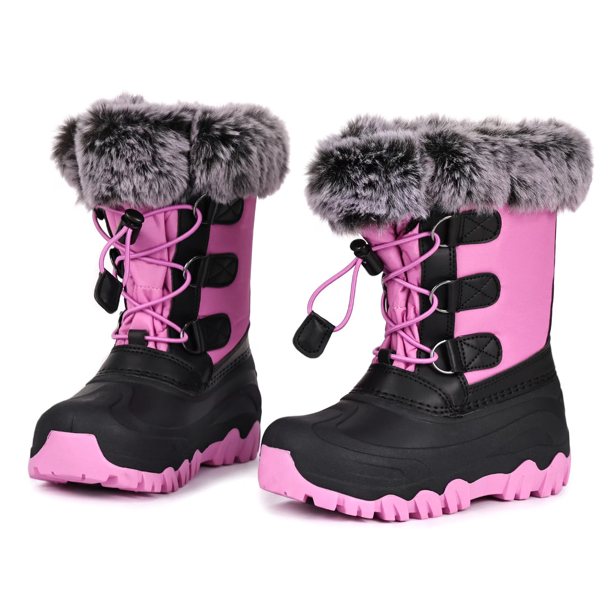 NIPAXO Girls Snow Boots Waterproof Winter Boots Hot Pink and Black Faux Fur Pom-Pom Collar Bungee Lacing Outdoor Winter Boots for Kids