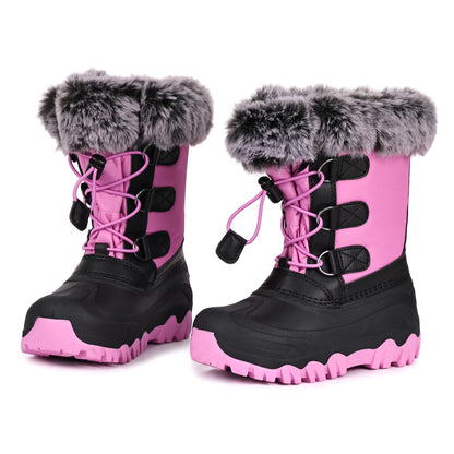 NIPAXO Girls Snow Boots Waterproof Winter Boots Hot Pink and Black Faux Fur Pom-Pom Collar Bungee Lacing Outdoor Winter Boots for Kids