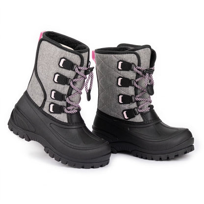 NIPAXO Girls Snow Boots Waterproof Winter Boots Grey Quilted Fabric Upper Pink Speckled Bungee Lacing Outdoor Winter Boots for Kids