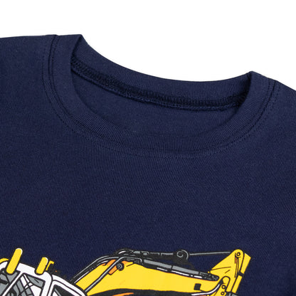 NIPAXO Toddler Boys Pajamas Set Long Sleeve Yellow Excavator Graphic Thermal Sleepwear with Ribbed Cuffs