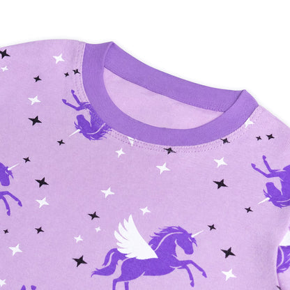 NIPAXO Girls Pajamas Set Long Sleeve Magical Unicorn Star Print Casual Sleepwear with Purple Trim for Toddler Little Girls