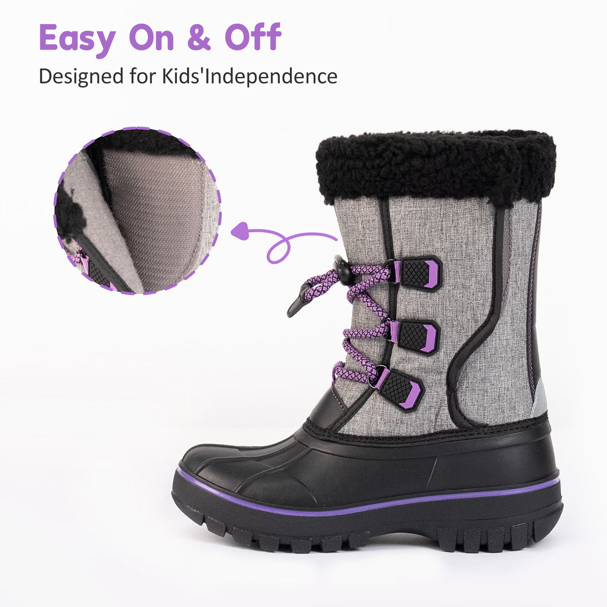 NIPAXO Kids Snow Boots Waterproof Winter Boots Grey and Black Purple Accents Sherpa Collar Bungee Lacing Outdoor Cold Weather Winter Boots for Boys Girls