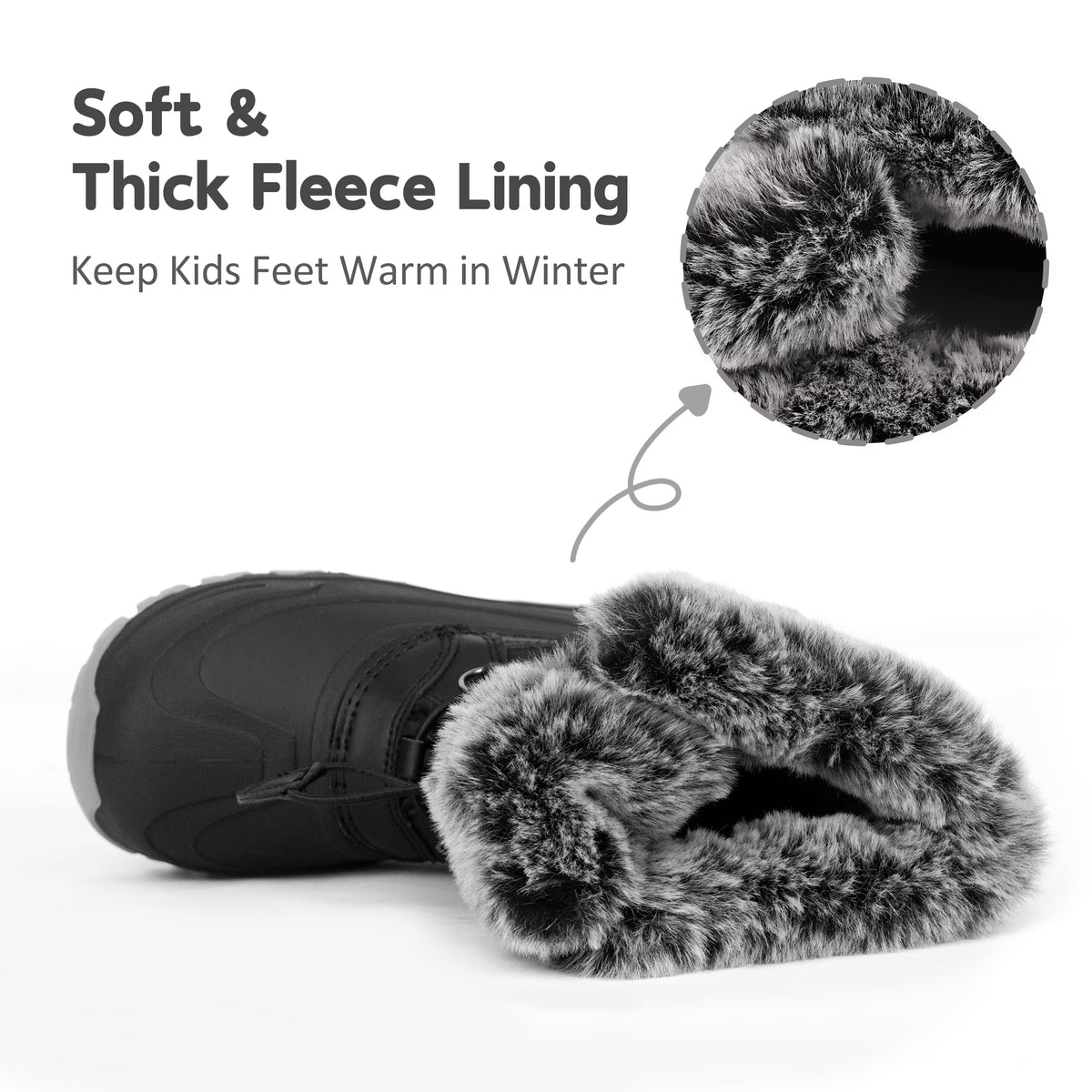 NIPAXO Kids Snow Boots Waterproof Winter Boots All Black Faux Fur Collar Bungee Lacing Outdoor Cold Weather Winter Boots for Boys Girls