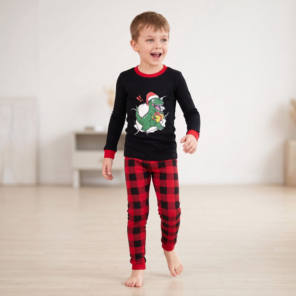 NIPAXO Kids Christmas Pajamas Set Long Sleeve Dinosaur Graphic Top and Red Buffalo Plaid Pants Holiday Sleepwear for Girls Boys