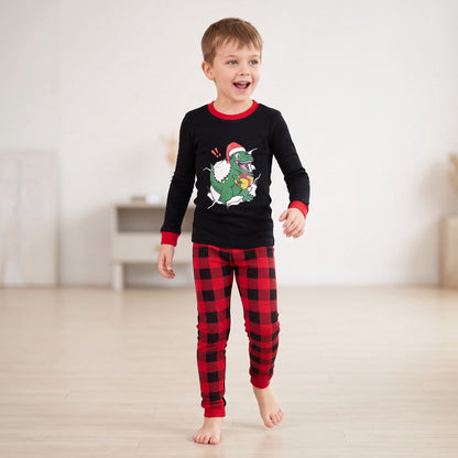 NIPAXO Kids Christmas Pajamas Set Long Sleeve Dinosaur Graphic Top and Red Buffalo Plaid Pants Holiday Sleepwear for Girls Boys