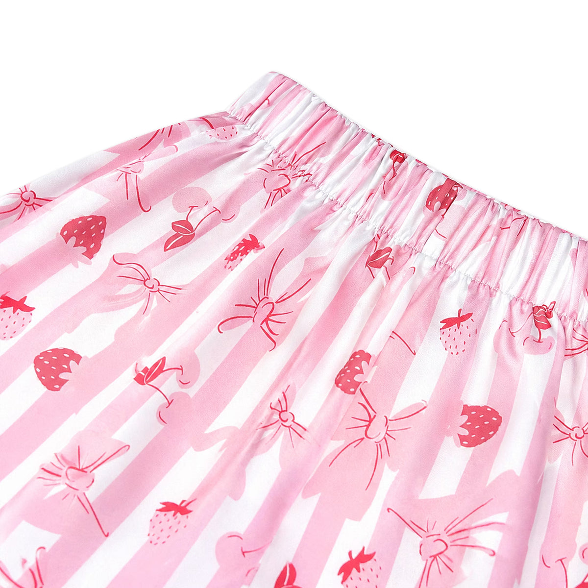 NIPAXO Girls Satin Pajamas Set Short Sleeve Button-Down Pink Stripe Strawberry Bow Print Sleepwear for Kids