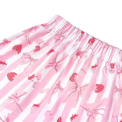 NIPAXO Girls Satin Pajamas Set Short Sleeve Button-Down Pink Stripe Strawberry Bow Print Sleepwear for Kids