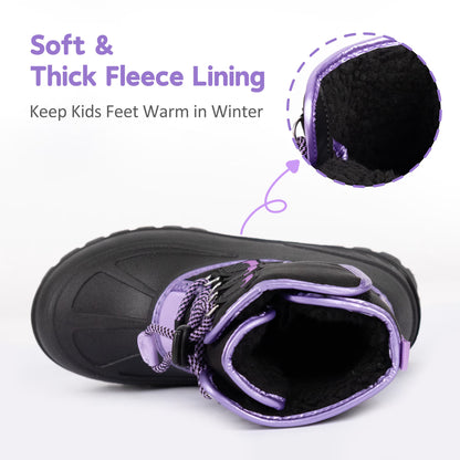 NIPAXO Girls Snow Boots Waterproof Winter Boots Black and Purple Quilted Fabric Upper Bungee Lacing Outdoor Winter Boots for Kids