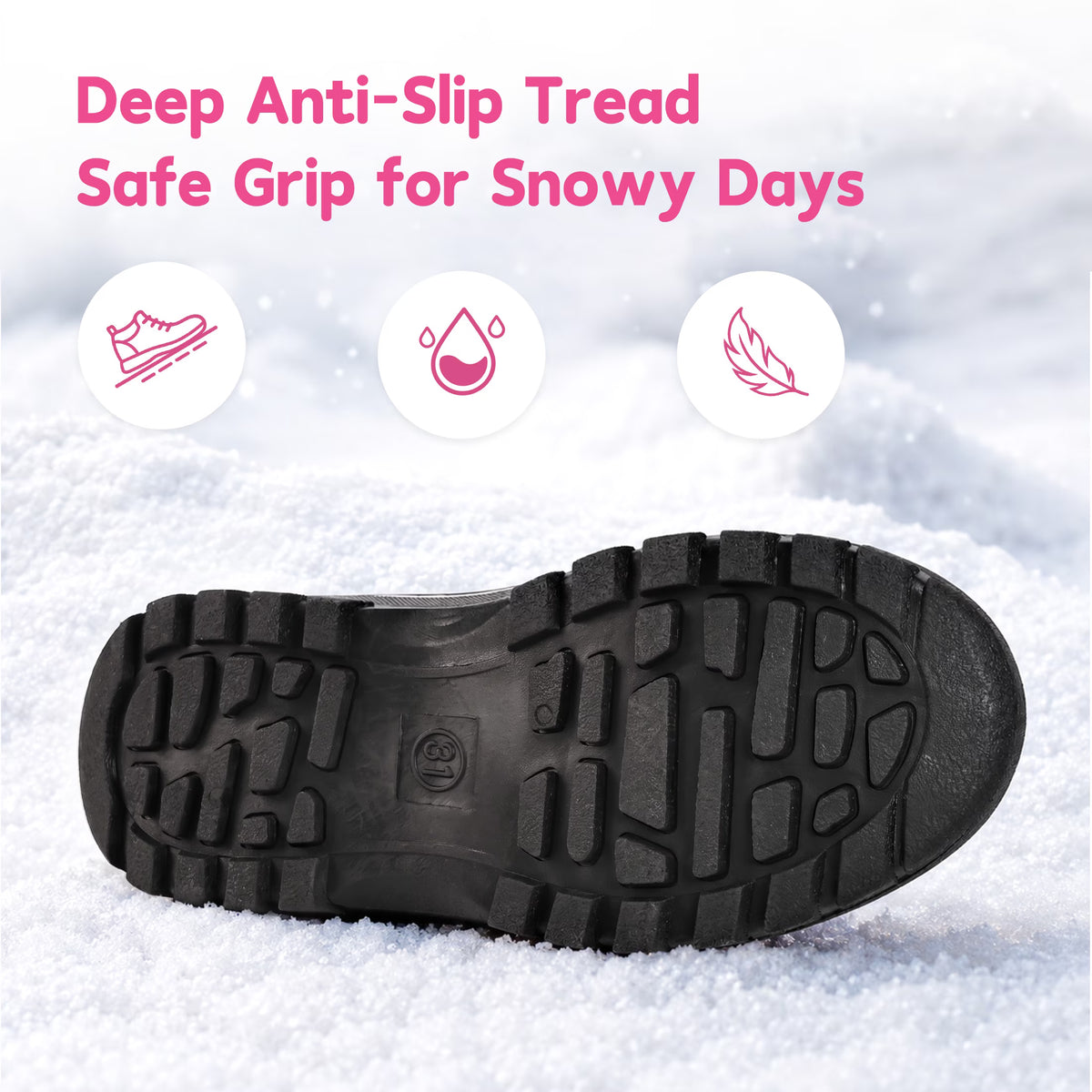NIPAXO Girls Snow Boots Waterproof Winter Boots Black and Hot Pink Colorblock Faux Fur Trim Outdoor Winter Boots for Kids