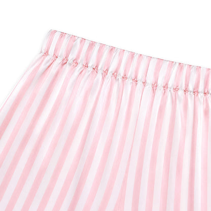 NIPAXO Girls Pajamas Set Short Sleeve Button-Down Pink White Striped Ruffle Shorts Sleepwear Satin for Kids