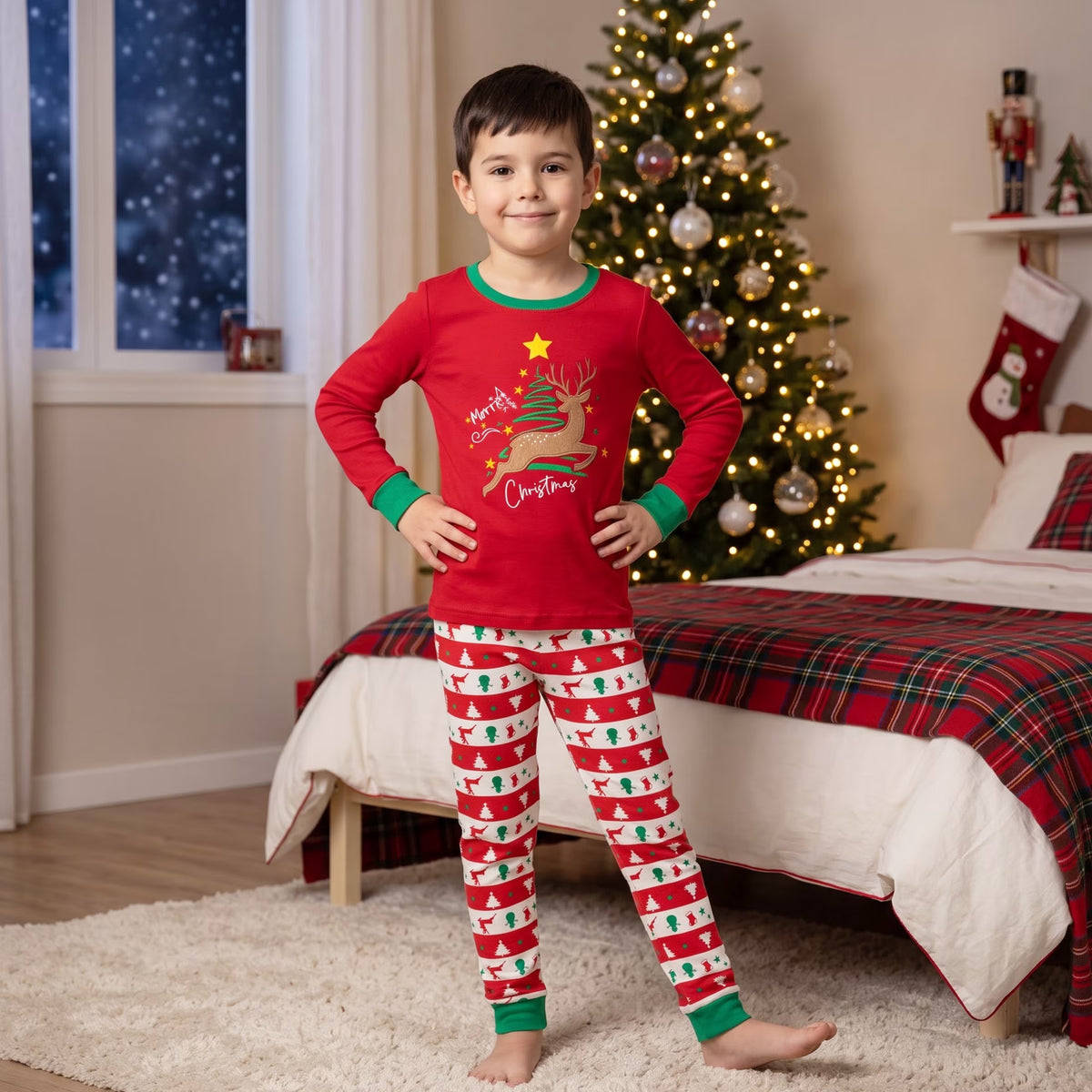 NIPAXO Kids Christmas Pajamas Set Long Sleeve Embroidered Reindeer & "Merry Christmas" Graphic Holiday Sleepwear with Fair Isle Stripe Pants