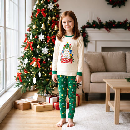 NIPAXO Kids Christmas Pajamas Set Long Sleeve Cute Cat & "Merry Christmas" Graphic Holiday Sleepwear with Star Print Pants for Boys and Girls